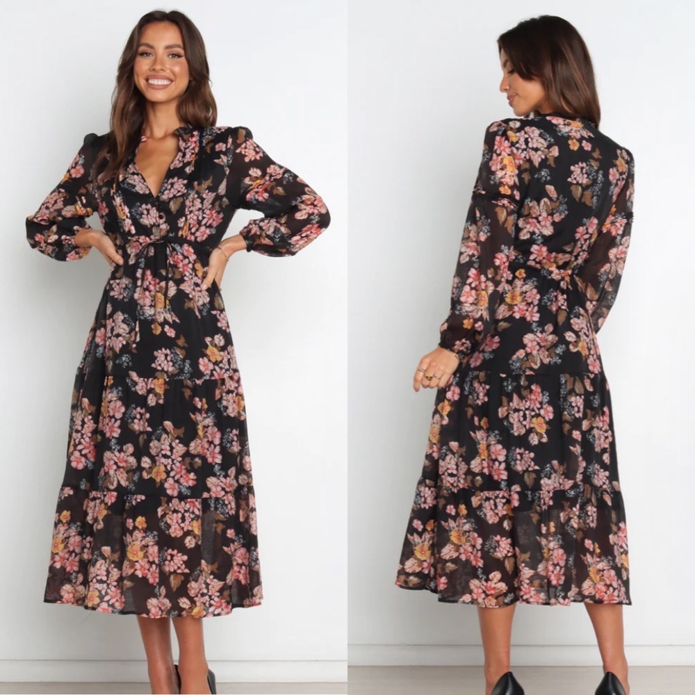 Petal & Pup Ellie Tiered Floral Midi Dress Long Sleeves NWT